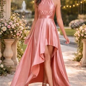 Elegant Pink Satin Halter Dress
